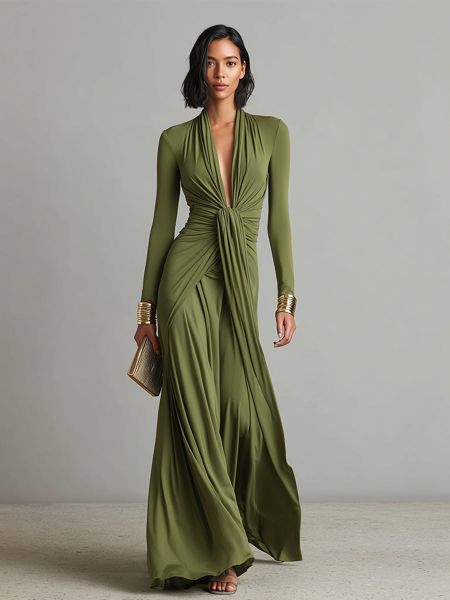 Vestido Maxi de Seda Verde Oliva com Decote em V