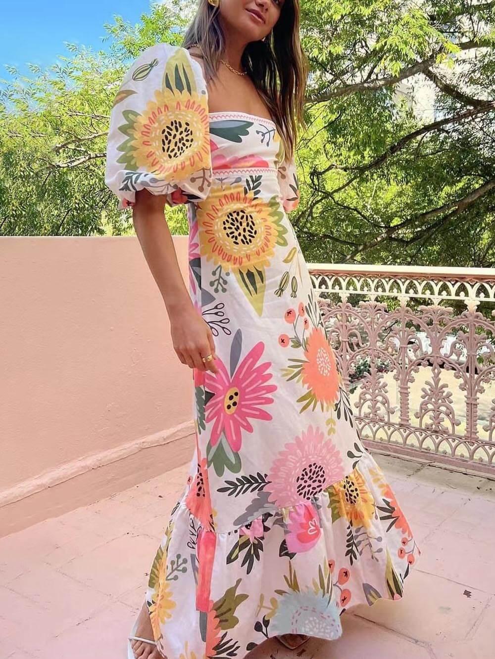 Ivy | Vestido Maxi de Verão com Decote Quadrado e Padrão Floral