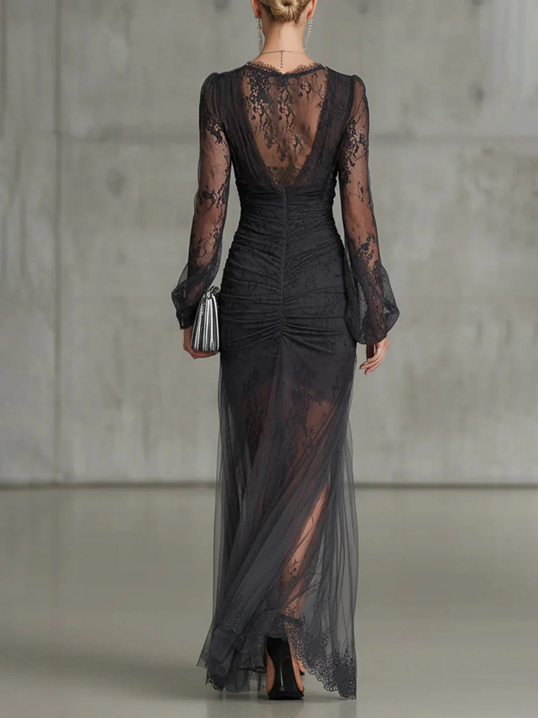 Sofia | Vestido Maxi de Renda Cinza Escuro