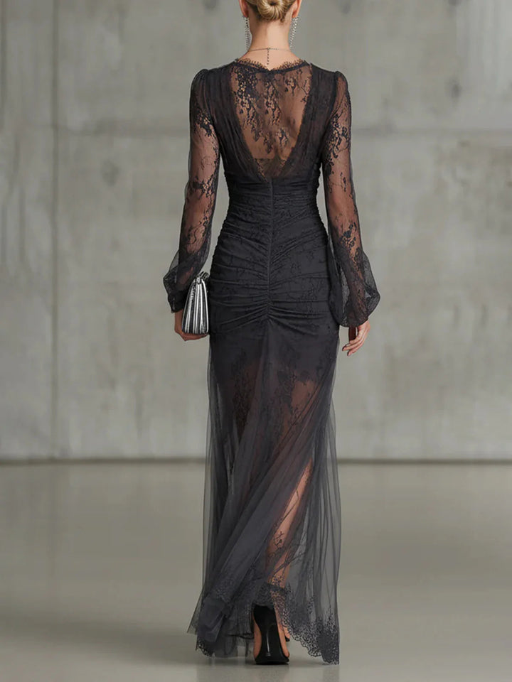 Sofia | Vestido Maxi de Renda Cinza Escuro
