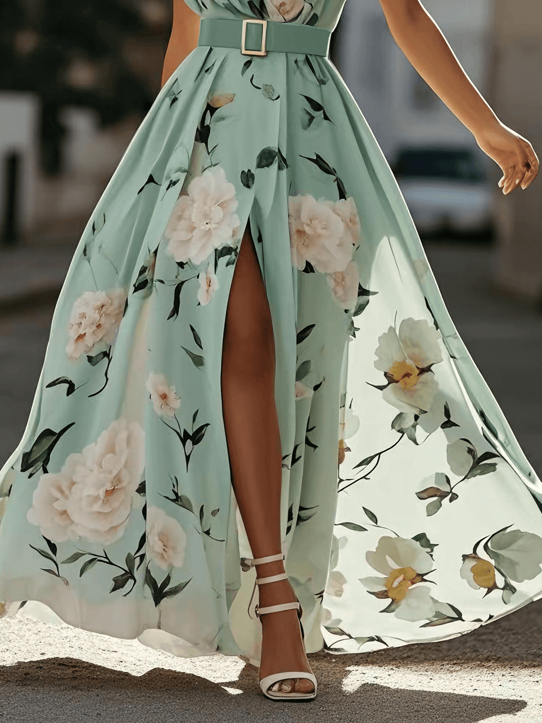 Julie | Vestido Max Midi Chiffon Floral Verde Claro de Um Ombro