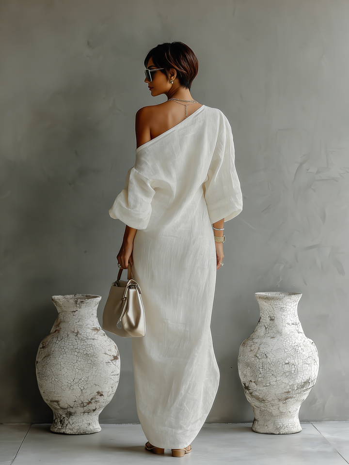 Vestido de Linho Off-White Sem Alças