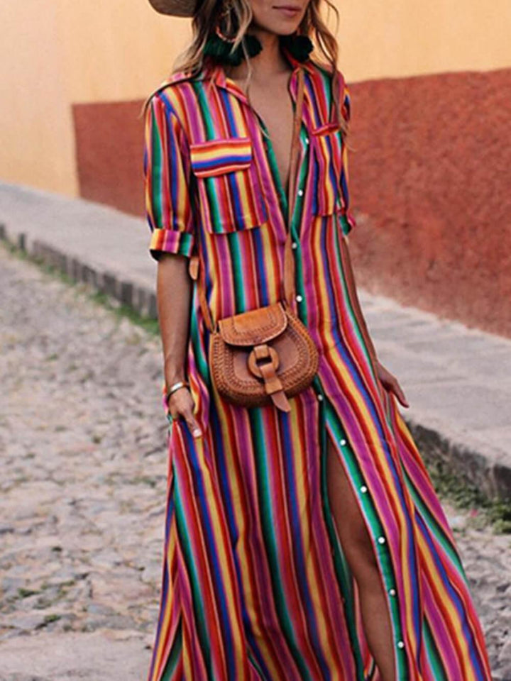 Nancy | Saia Maxi Listrada e Estampada de Verão Casual