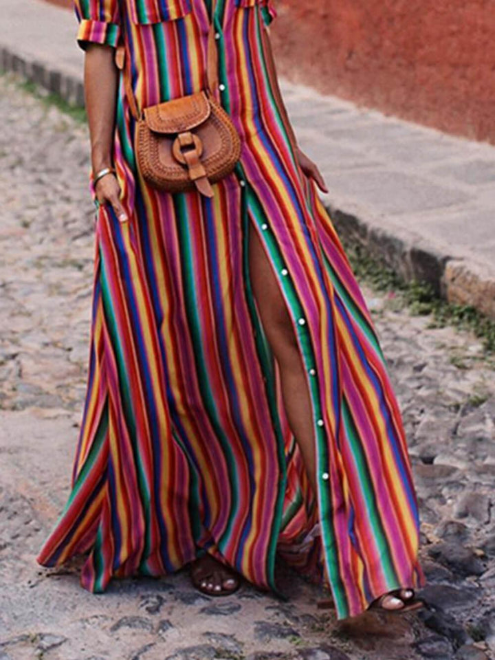 Nancy | Saia Maxi Listrada e Estampada de Verão Casual