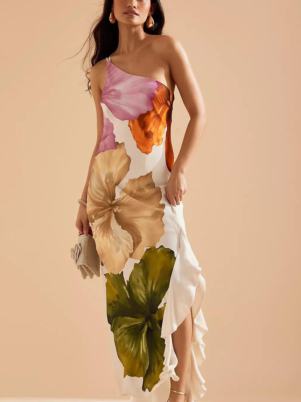 Kira | Vibes de Resort Elegantes Floralprint Ein-Schulter Maxikleid