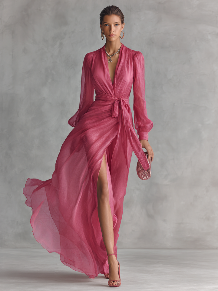 Vestido de Chiffon Rosa com Decote em V
