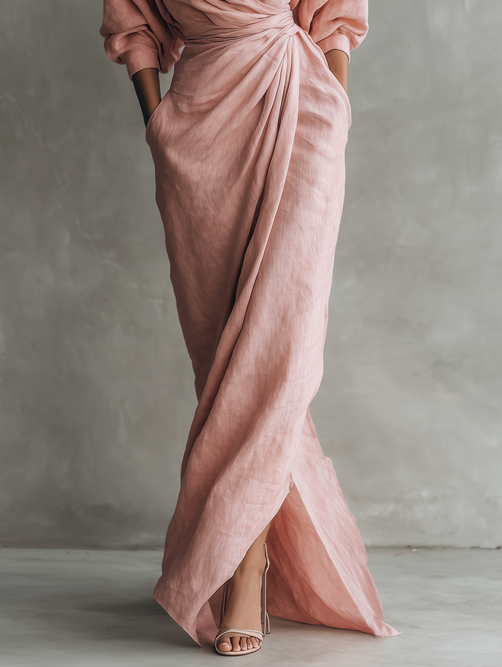 Taylor - Vestido Maxi Minimalista em Rosa com Decote em V em Mistura de Linho para Mulheres