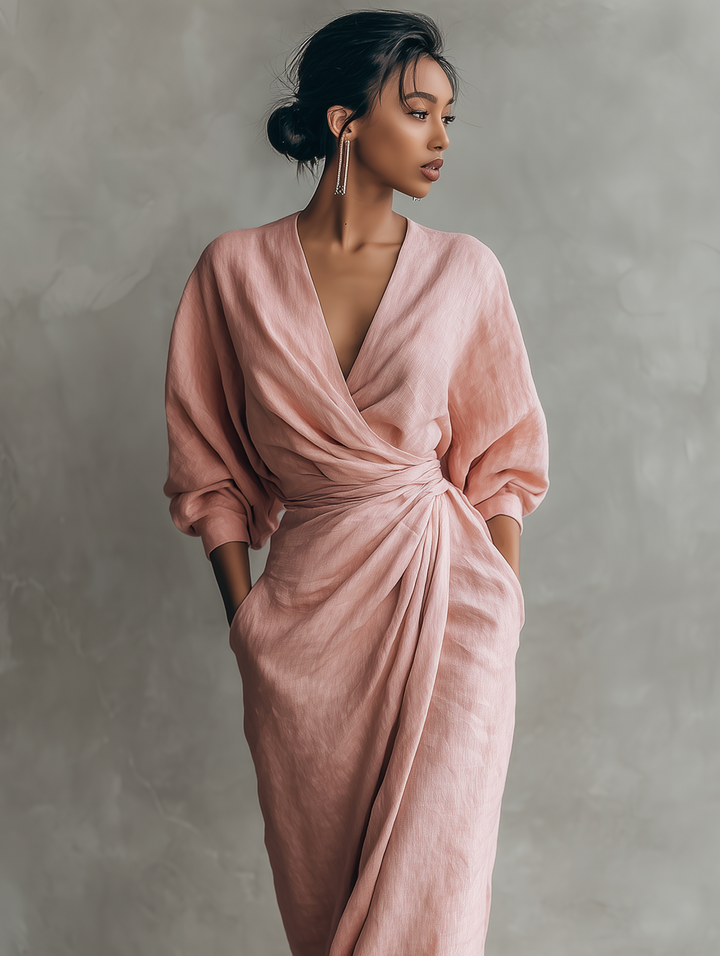 Vestido Maxi de Linho Rosa com Decote em V