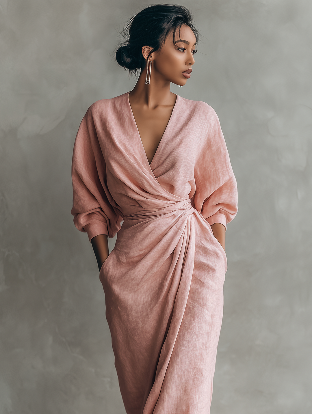Taylor - Vestido Maxi Minimalista em Rosa com Decote em V em Mistura de Linho para Mulheres