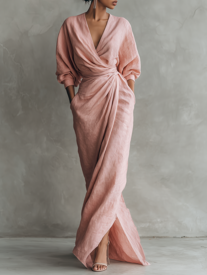 Taylor - Vestido Maxi Minimalista em Rosa com Decote em V em Mistura de Linho para Mulheres