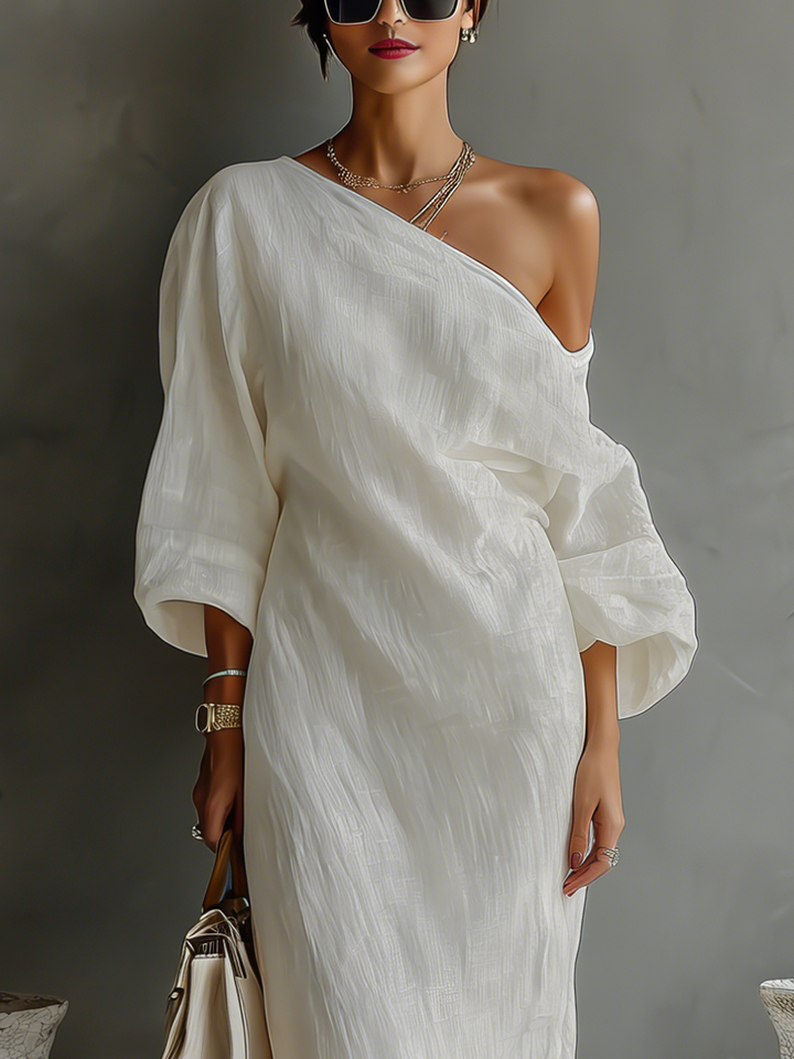 Vestido de Linho Off-Shoulder em Marfim