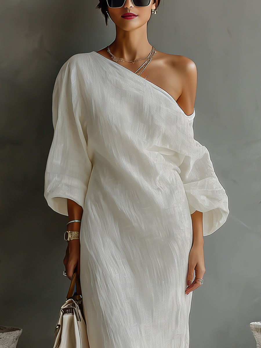 Vestido de Linho Off-White Sem Alças