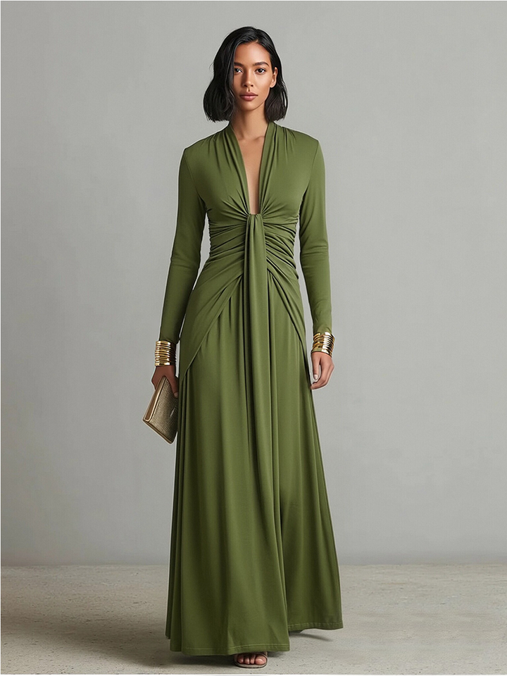 Vestido Maxi de Seda Verde Oliva com Decote em V