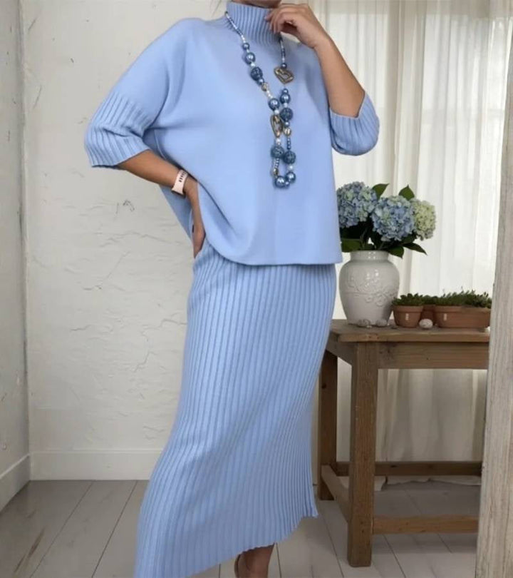 Aisha – Conjunto de malha com saia midi canelada