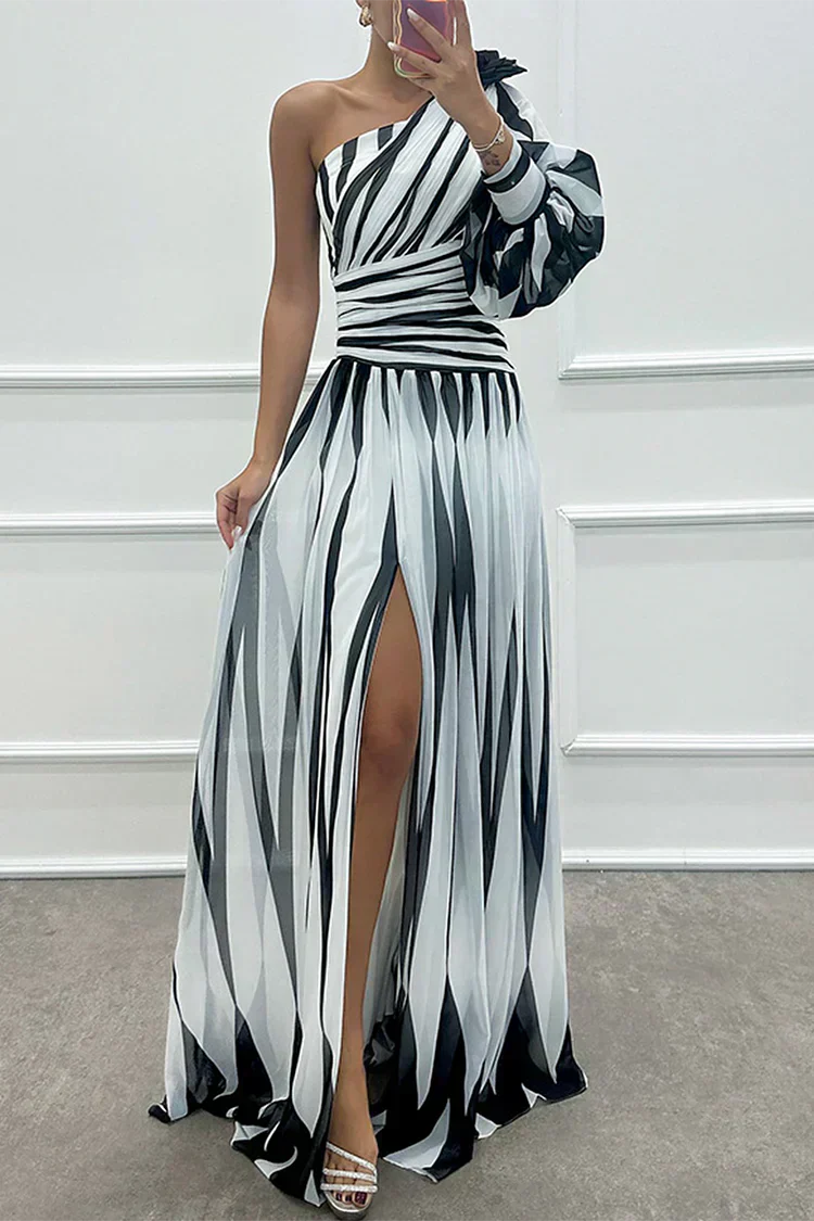 Shiloh - Vestido Maximalista Elegante com Riscas e Alça Única