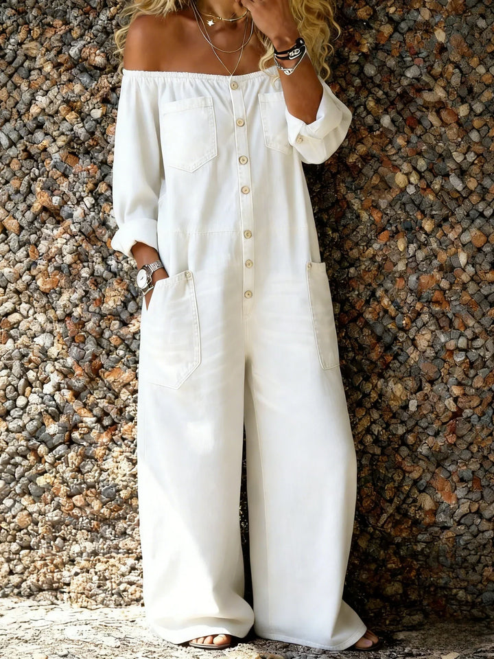 Veda - Macacão de Denim Off-Shoulder com Corte Solto
