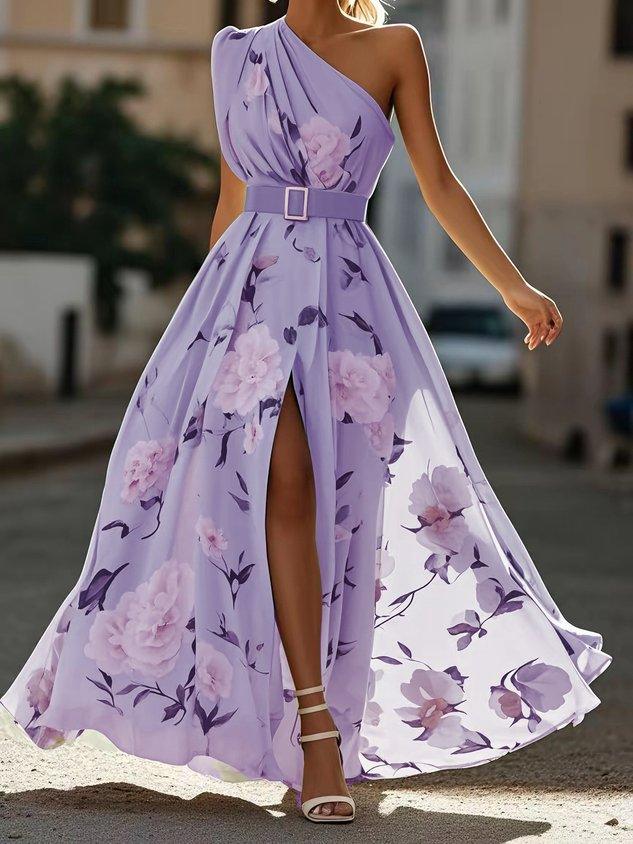 Julie | Vestido Maxi de Chiffon Floral Verde Claro de Uma Só Manga