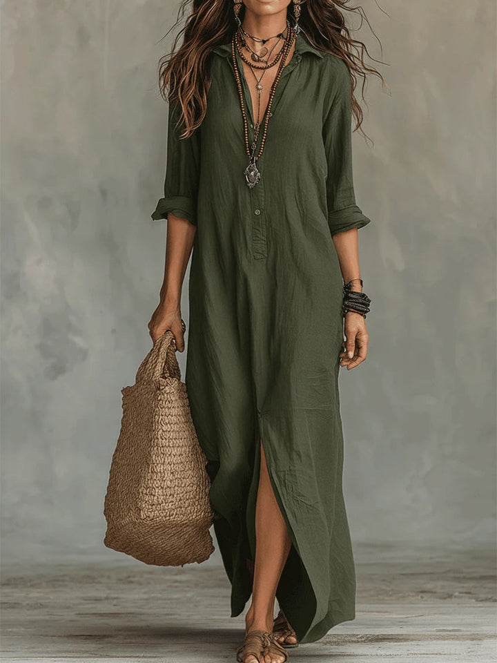 Soline™ | Vestido Maxi Verde com Caimento Solto e Botões