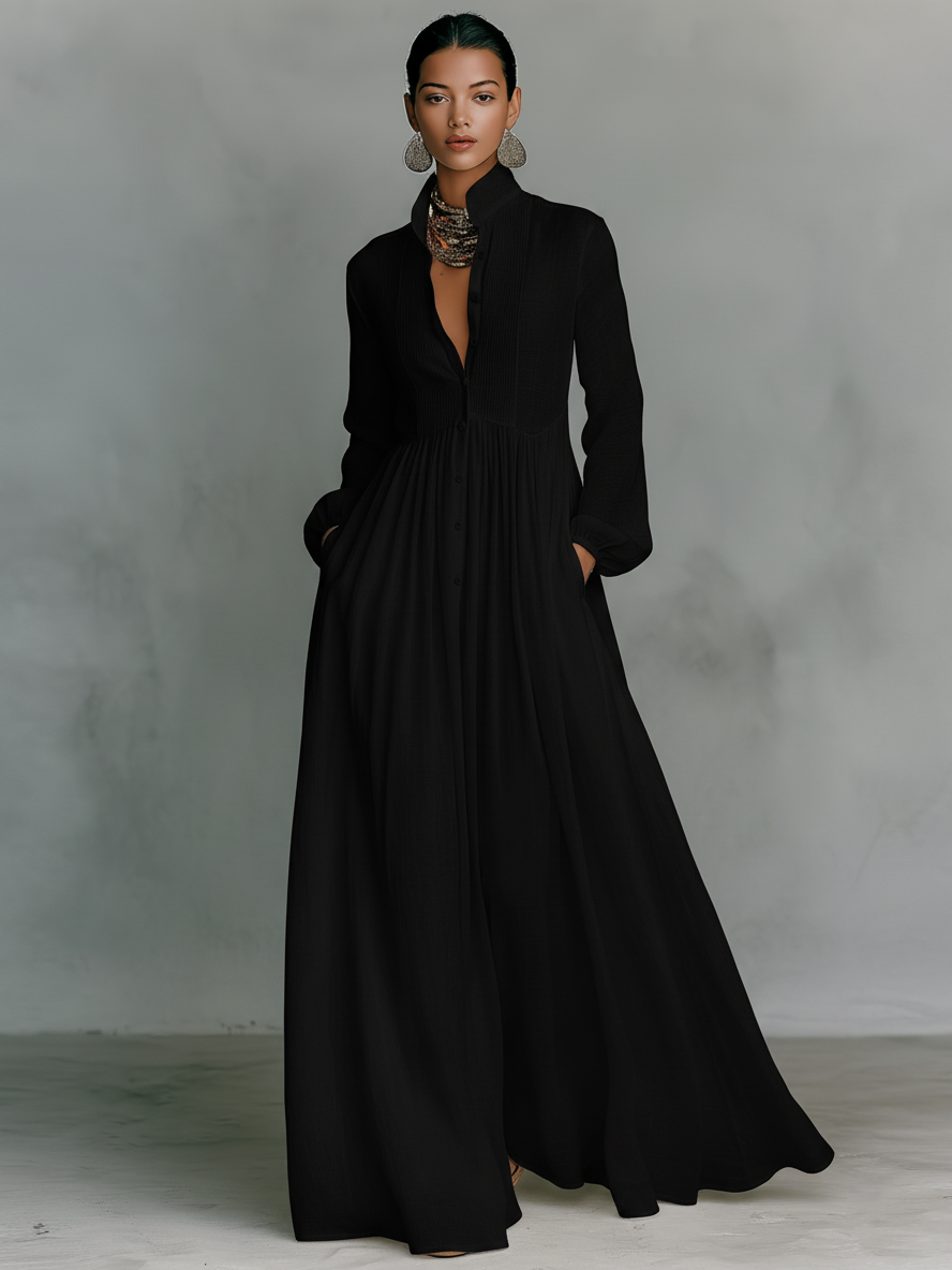 Vestido Maxi em Linho Patchwork com Gola Alta