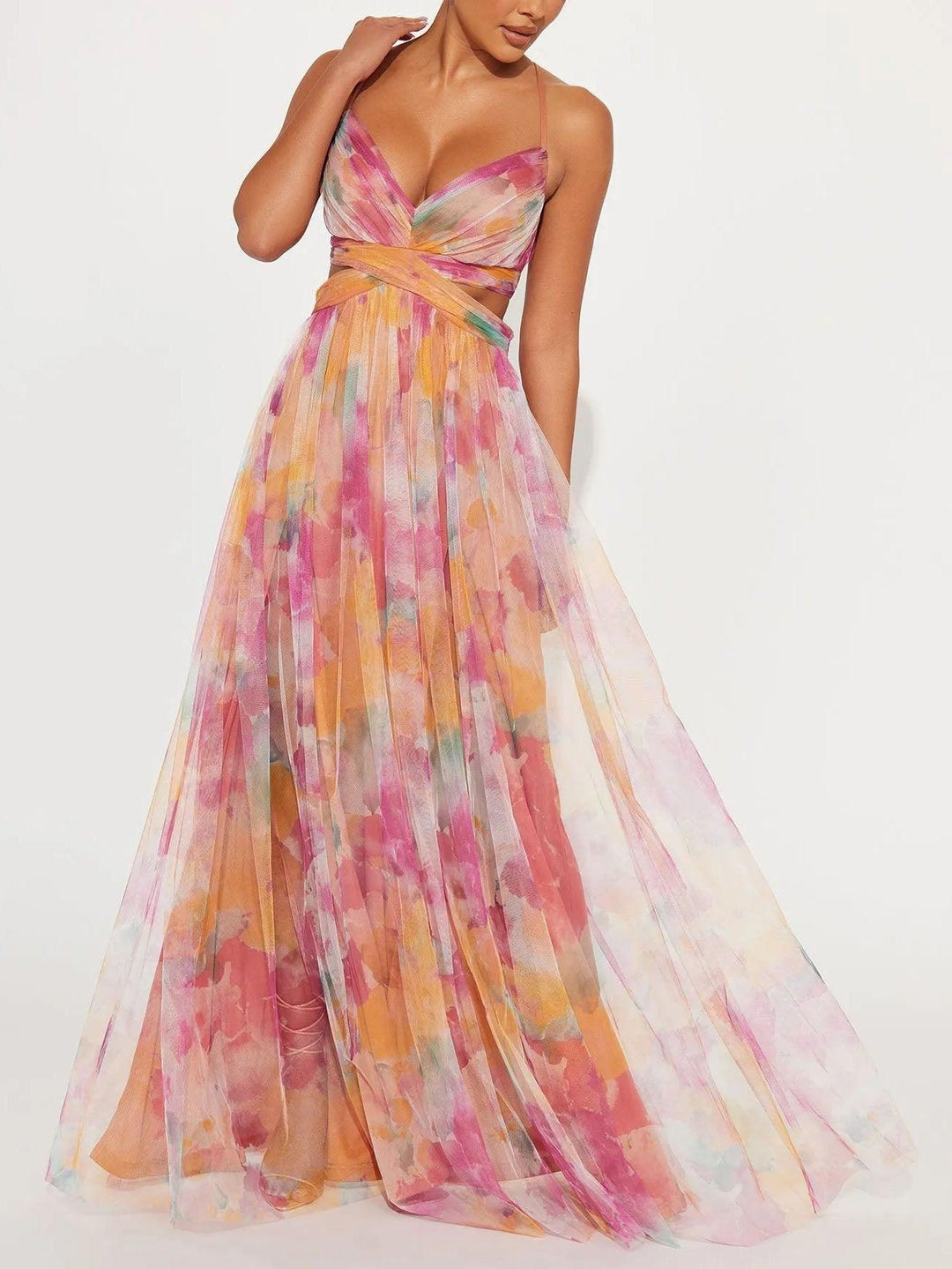 Karen | Vestido Maxi com Decote em V e Padrão de Flores Pintadas