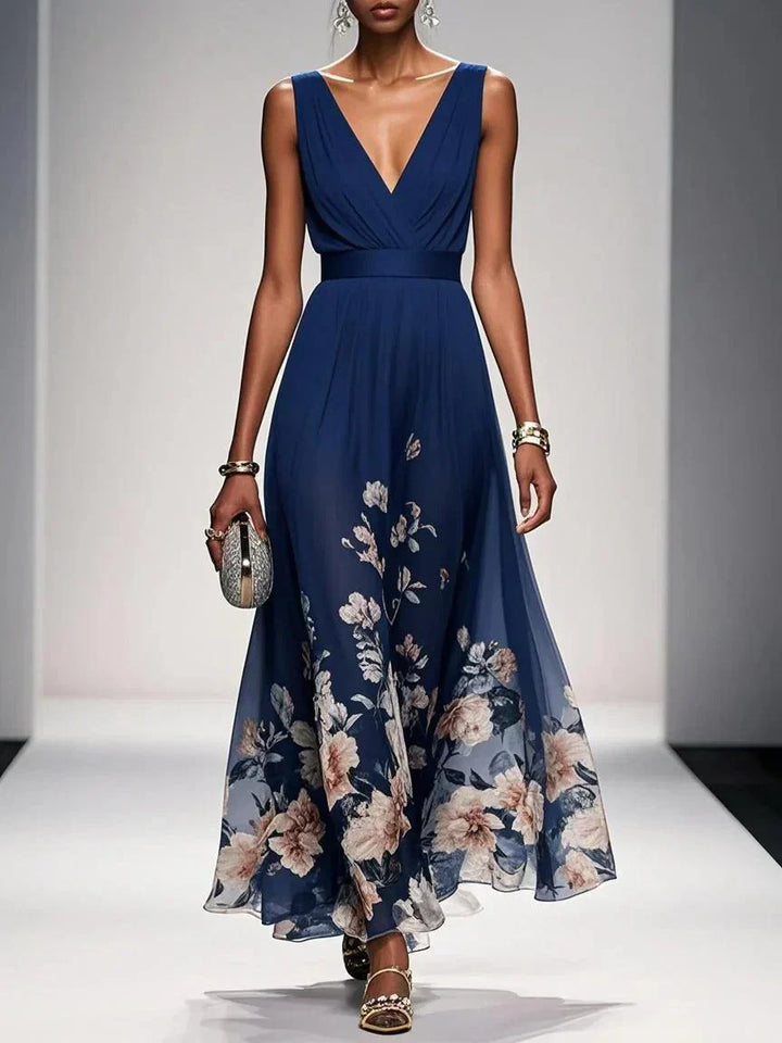 Rosa | Vestido Maxie de Chiffon Floral em Azul Claro com Decote em V
