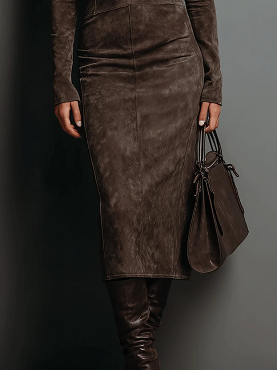 Robine | Vestido Midi de Camurça com Mangas Longas