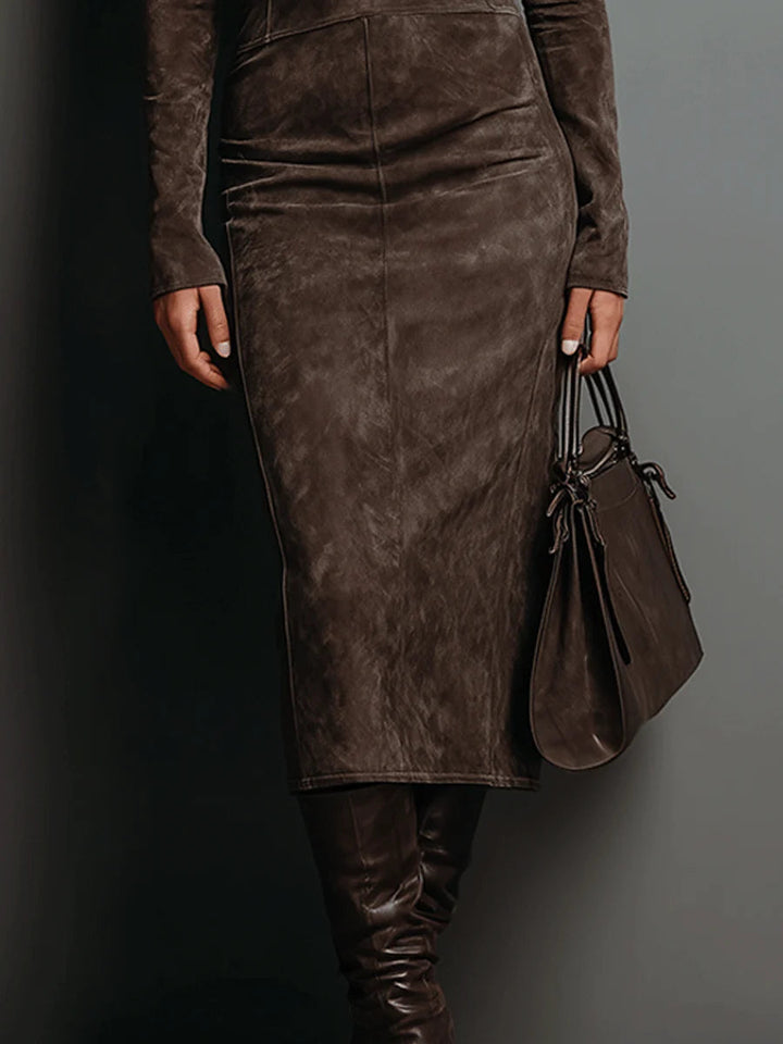 Robine | Vestido Midi de Camurça com Mangas Longas