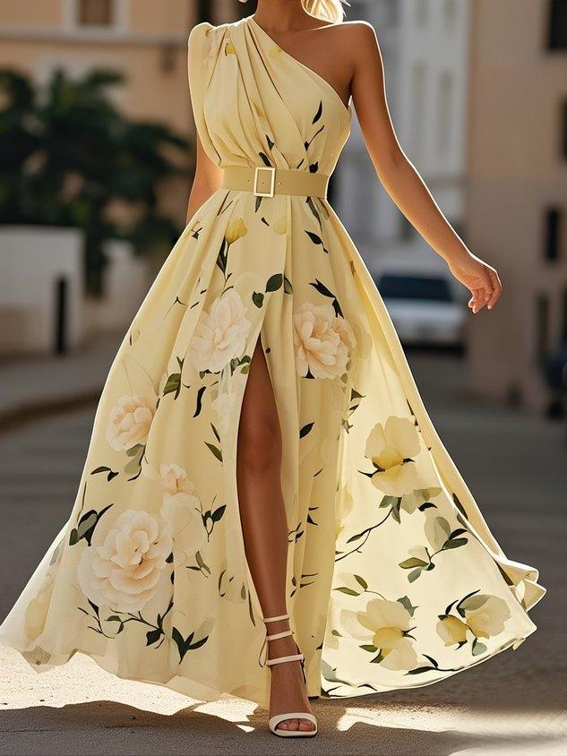 Julie | Vestido Max Midi Chiffon Floral Verde Claro de Um Ombro