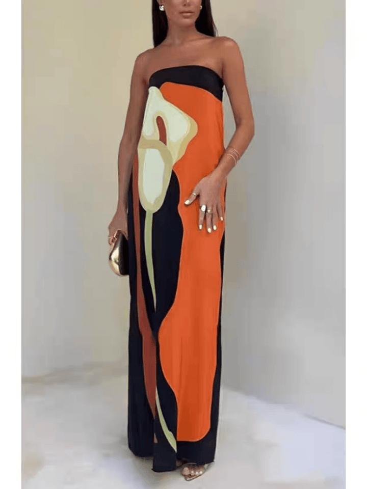 Joan | Vestido Maxi de Festa Impresso Sem Alças à Moda Costeira