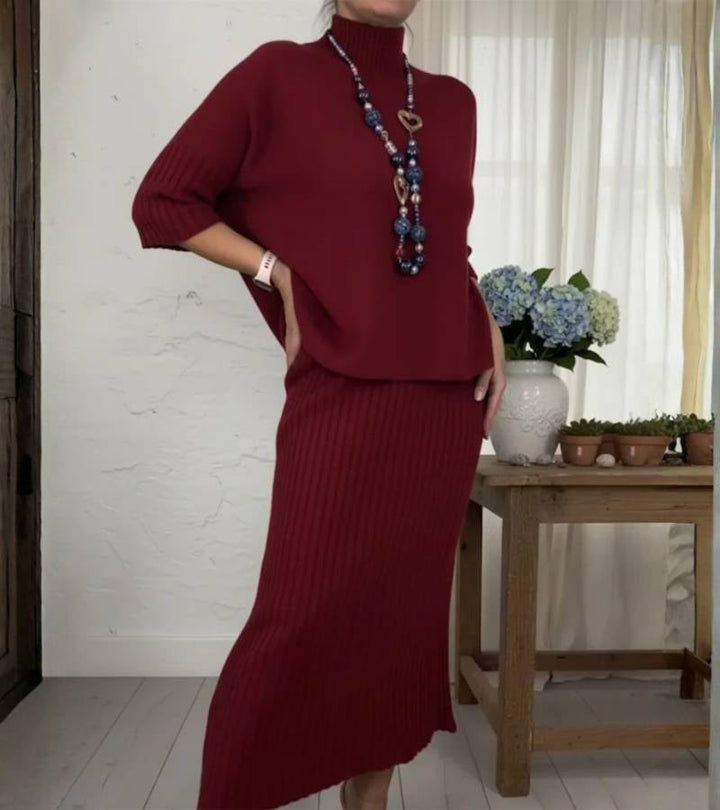 Aisha – Conjunto de malha com saia midi canelada