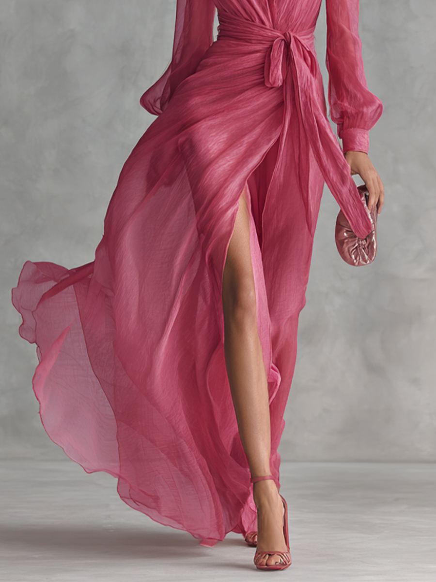 Vestido de Chiffon Rosa com Decote em V