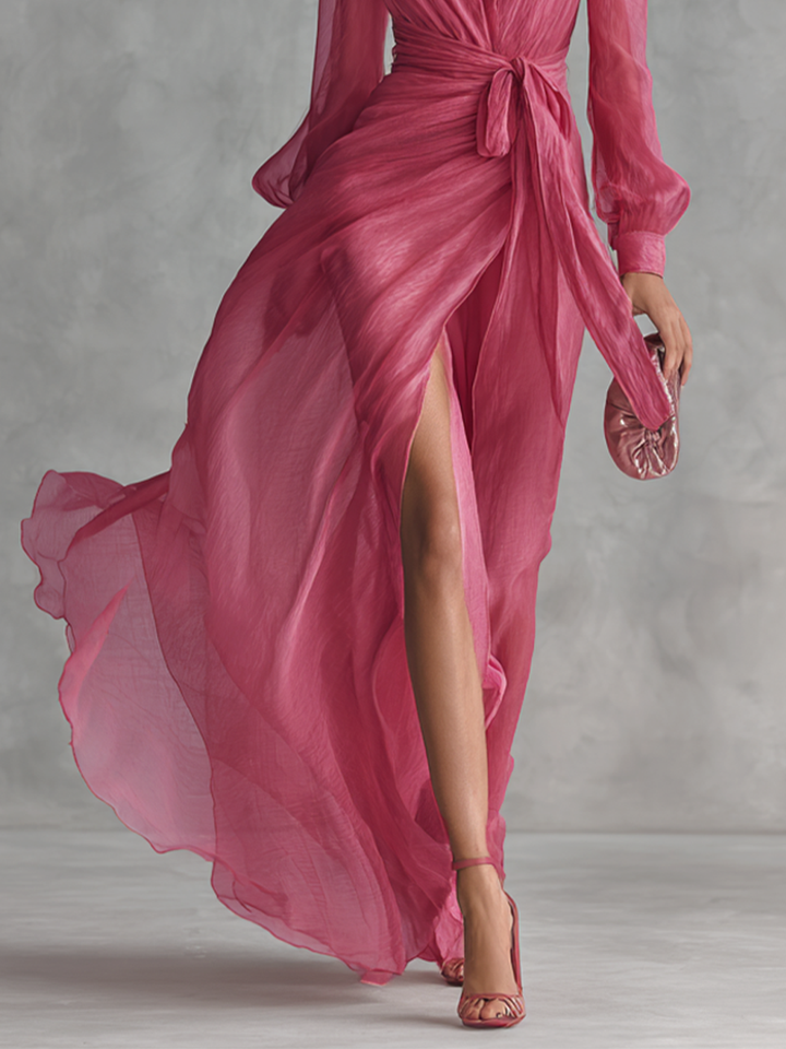 Vestido de Chiffon Rosa com Decote em V