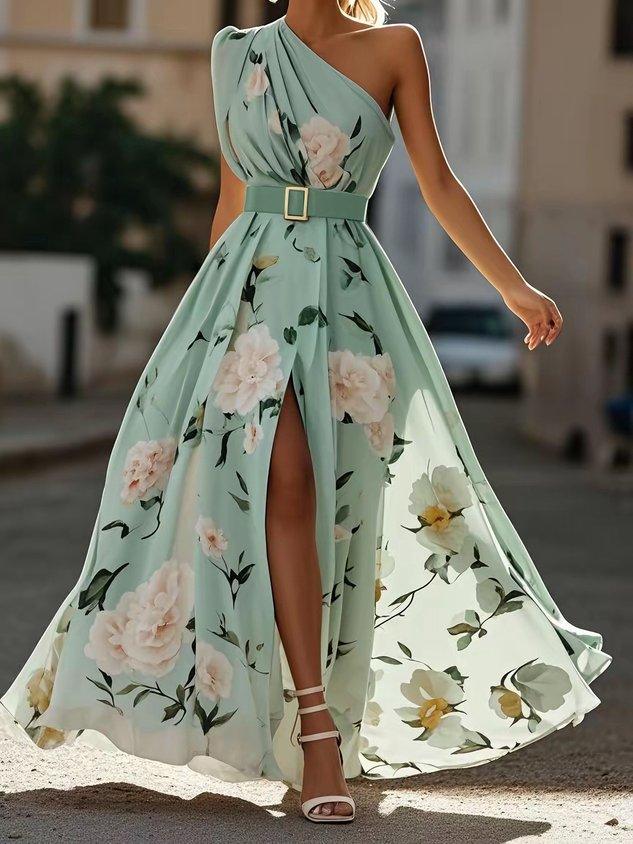Julie | Vestido Max Midi Chiffon Floral Verde Claro de Um Ombro