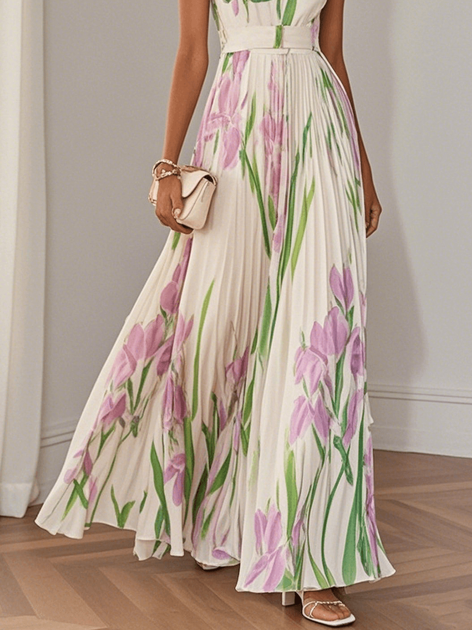 Marie | Vestido Maxi de Chiffon com Pregas Brancas