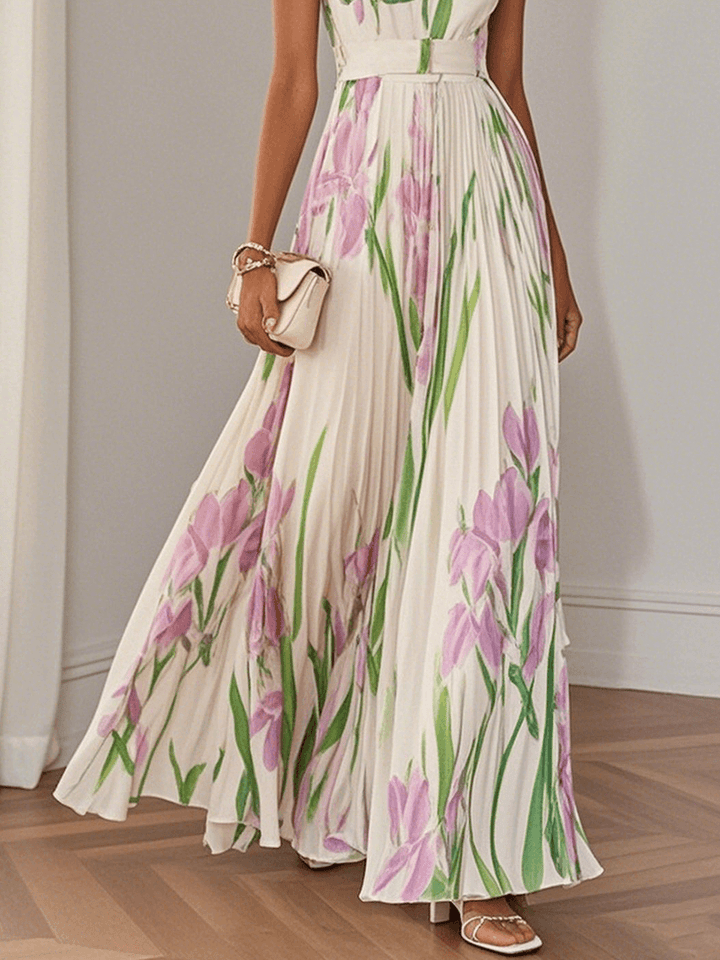 Marie | Vestido Maxi de Chiffon com Pregas Brancas