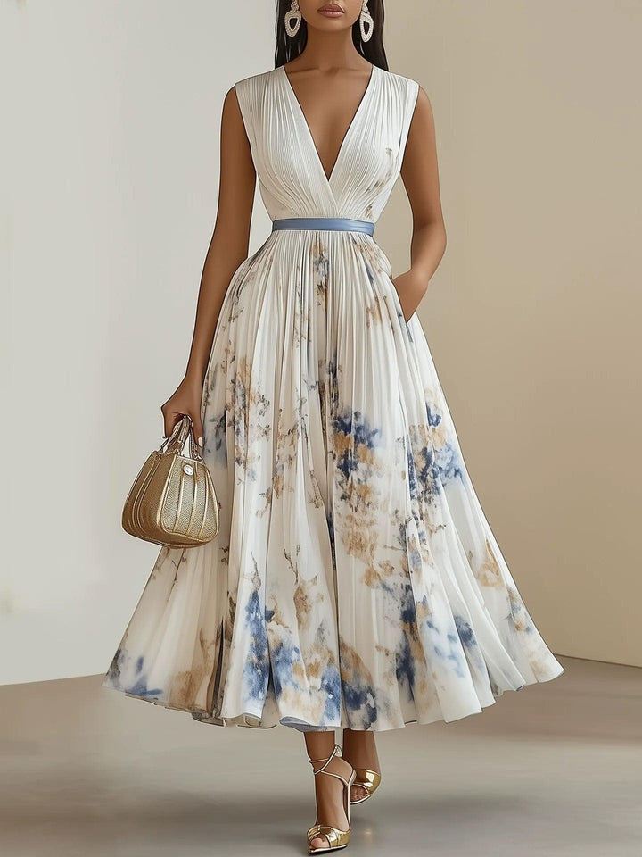 Chloe | Vestido Midi Plissado em Chiffon Floral Branco com Decote em V