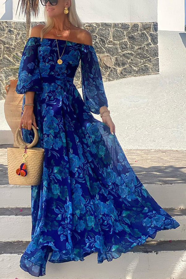 Francesca - Vestido longo com padrão floral e mangas à mostra