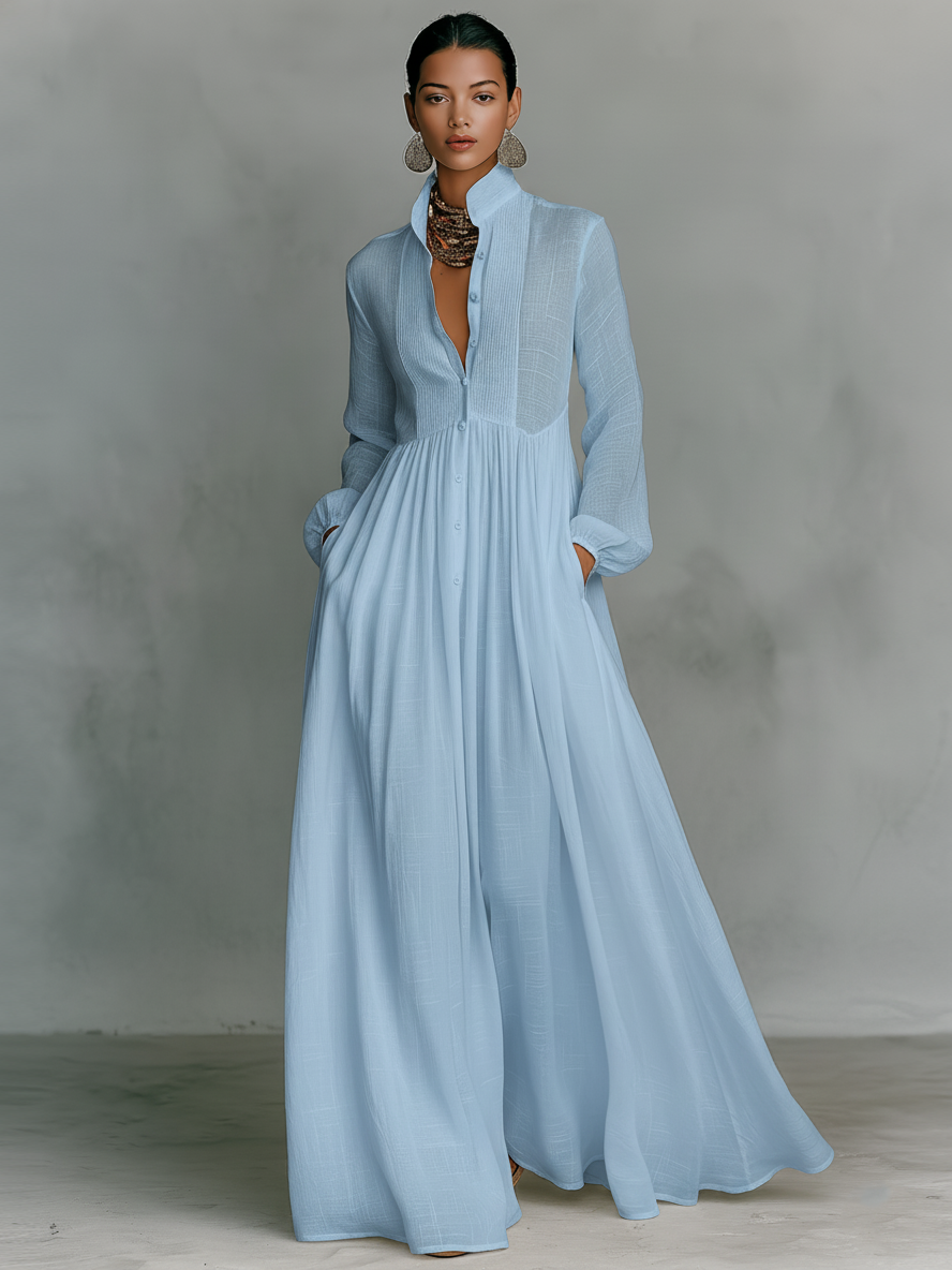 Vestido Maxi em Linho Patchwork com Gola Alta