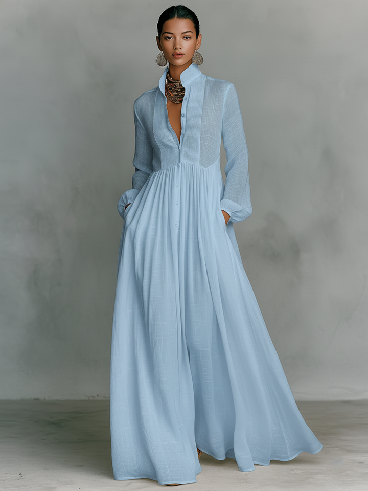 Vestido Maxi de Linho em Patchwork com Gola Alta