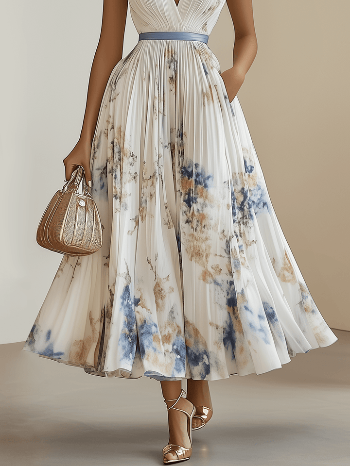 Chloe | Vestido Midi Plissado em Chiffon Floral Branco com Decote em V