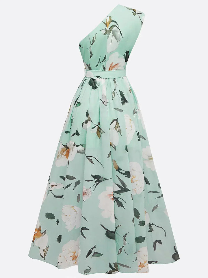 Julie | Vestido Maxi de Chiffon Floral Verde Claro de Uma Só Manga