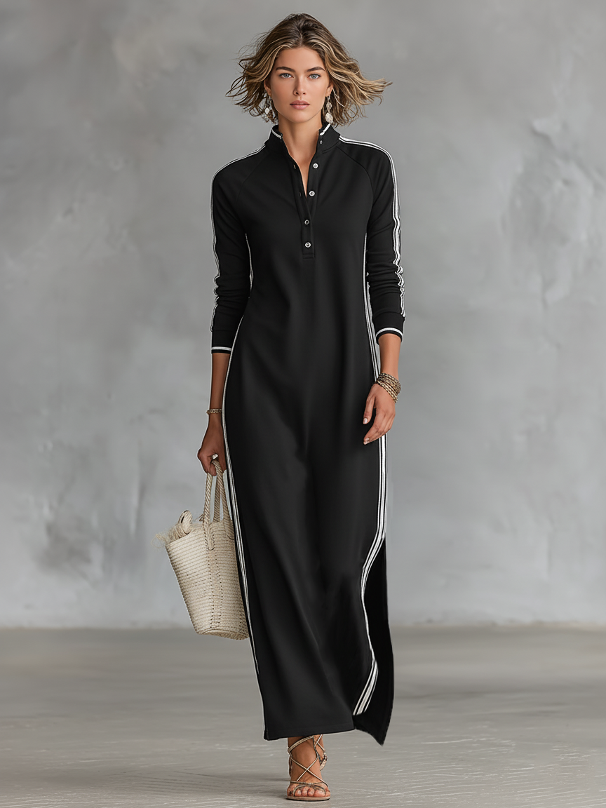 Vestido Maxi de Sweat com Gola de Botões