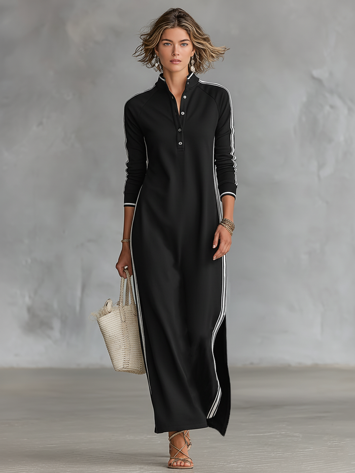 Vestido Maxi de Sweat com Gola de Botões