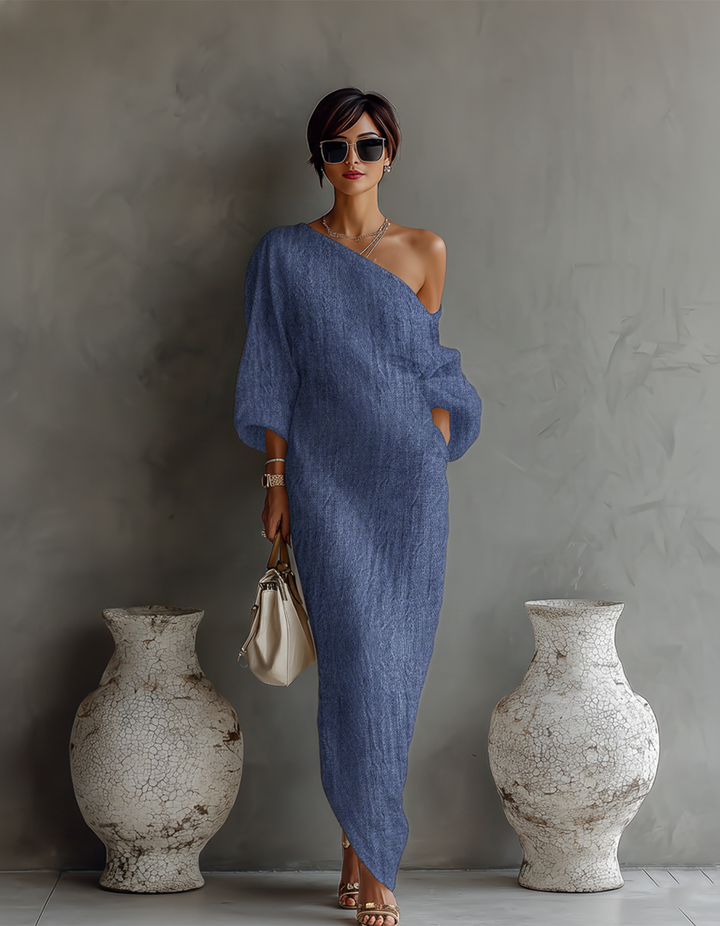 Vestido de Linho Off-Shoulder em Marfim