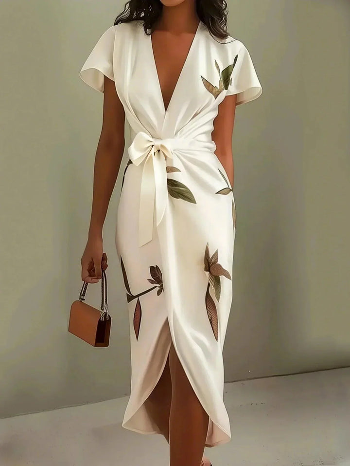 Judy | Vestido Midi Satin Branco de Manga Curta