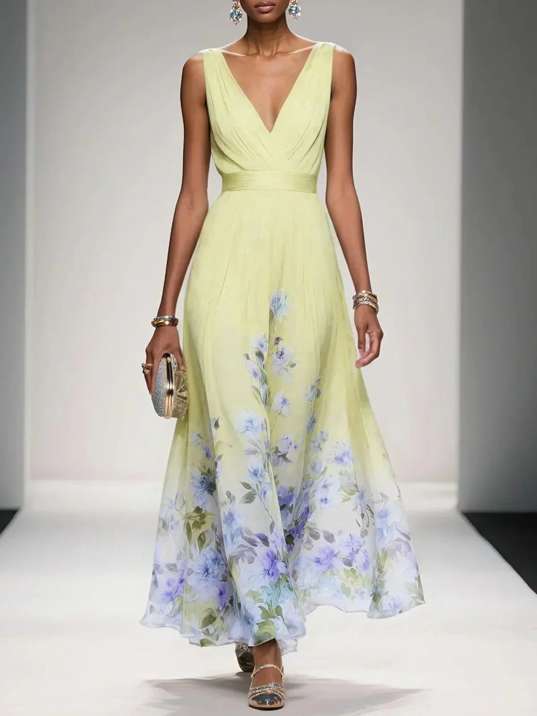 Rosa | Vestido Maxí em Chiffon Floral Azul Claro com Decote em V