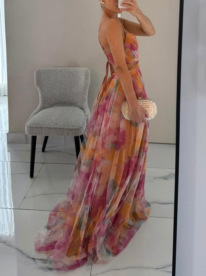 Karen | Vestido Maxi com Decote em V e Padrão de Flores Pintadas