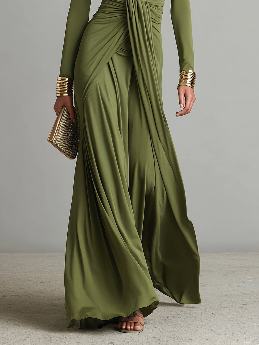 Vestido Maxi de Seda Verde Oliva com Decote em V