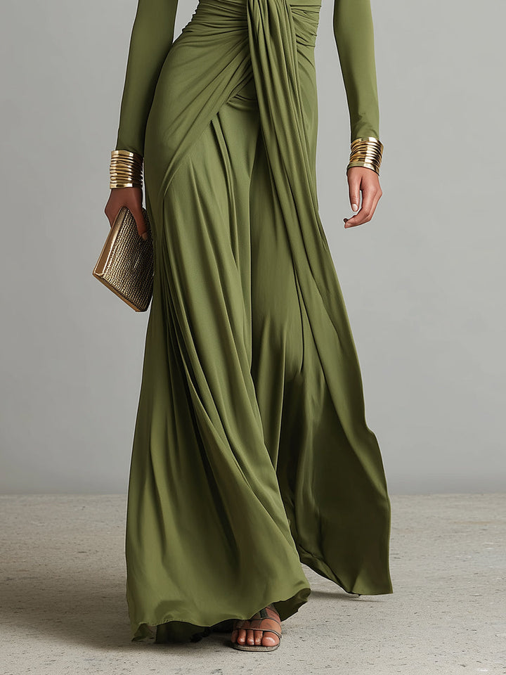 Vestido Maxi de Seda Verde Oliva com Decote em V