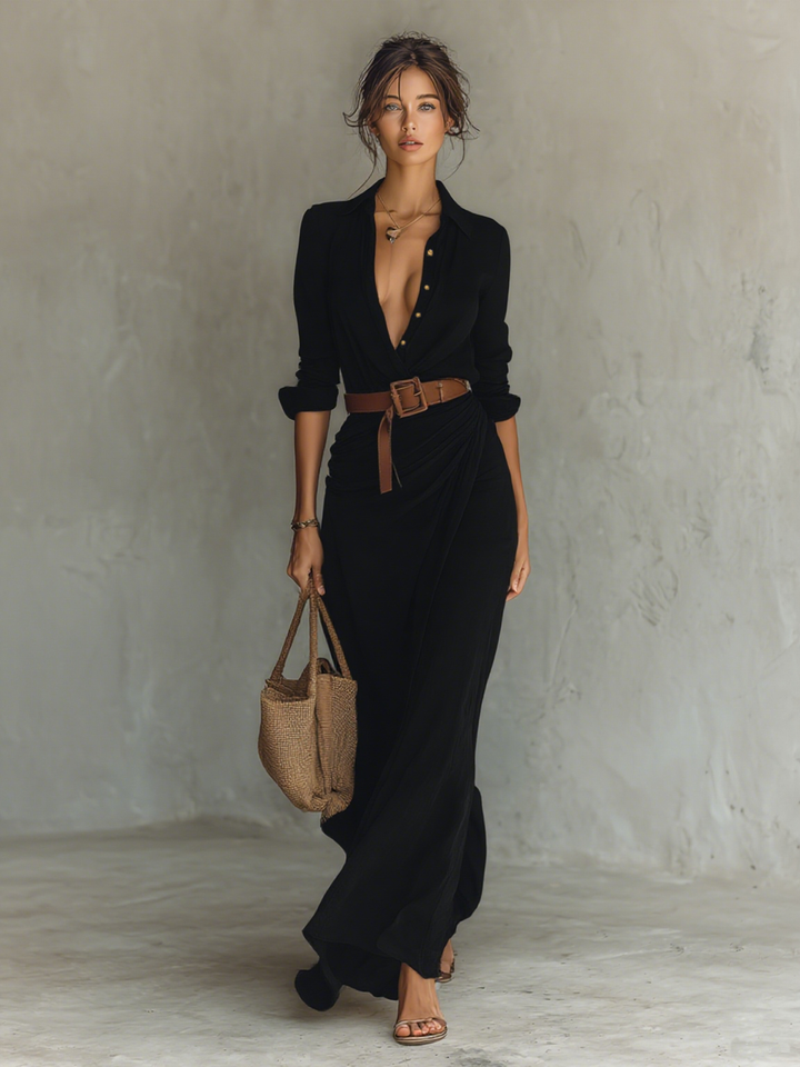 Maxi vestido com colarinho reversível de mangas longas